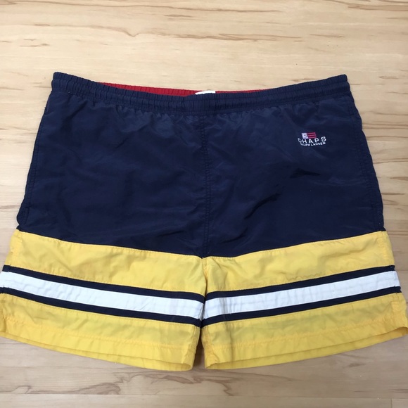 Chaps Ralph Lauren Navy Yellow Stripe Swim Trunks - Picture 2 of 7